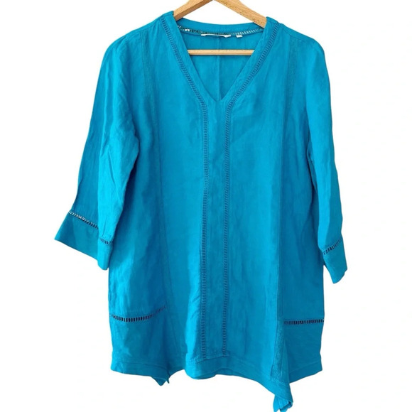 Soft Surroundings Women’s Leonie Linen Tunic Top Large Caribbean Turquoise Boho - Picture 2 of 8